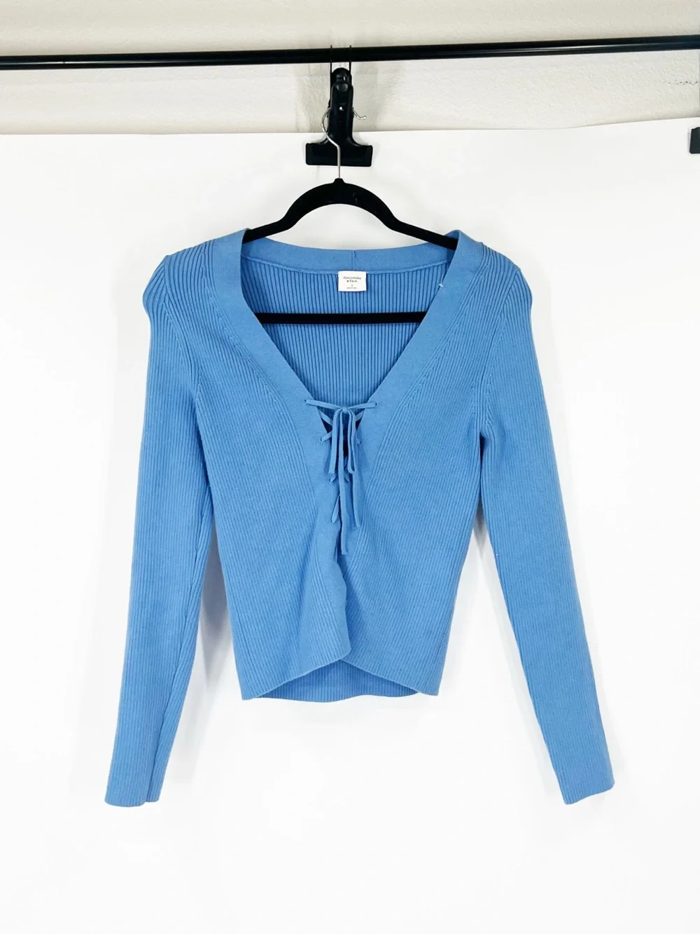 Abercrombie & Fitch Lace-Up Ribbed Long Sleeve Sweater Blue